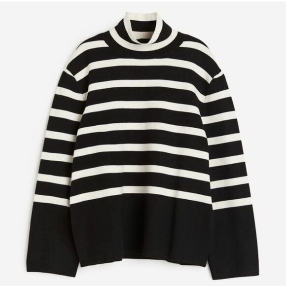 H&M Striped Mock Neck Sweater Black Cream Size M - Picture 1 of 12